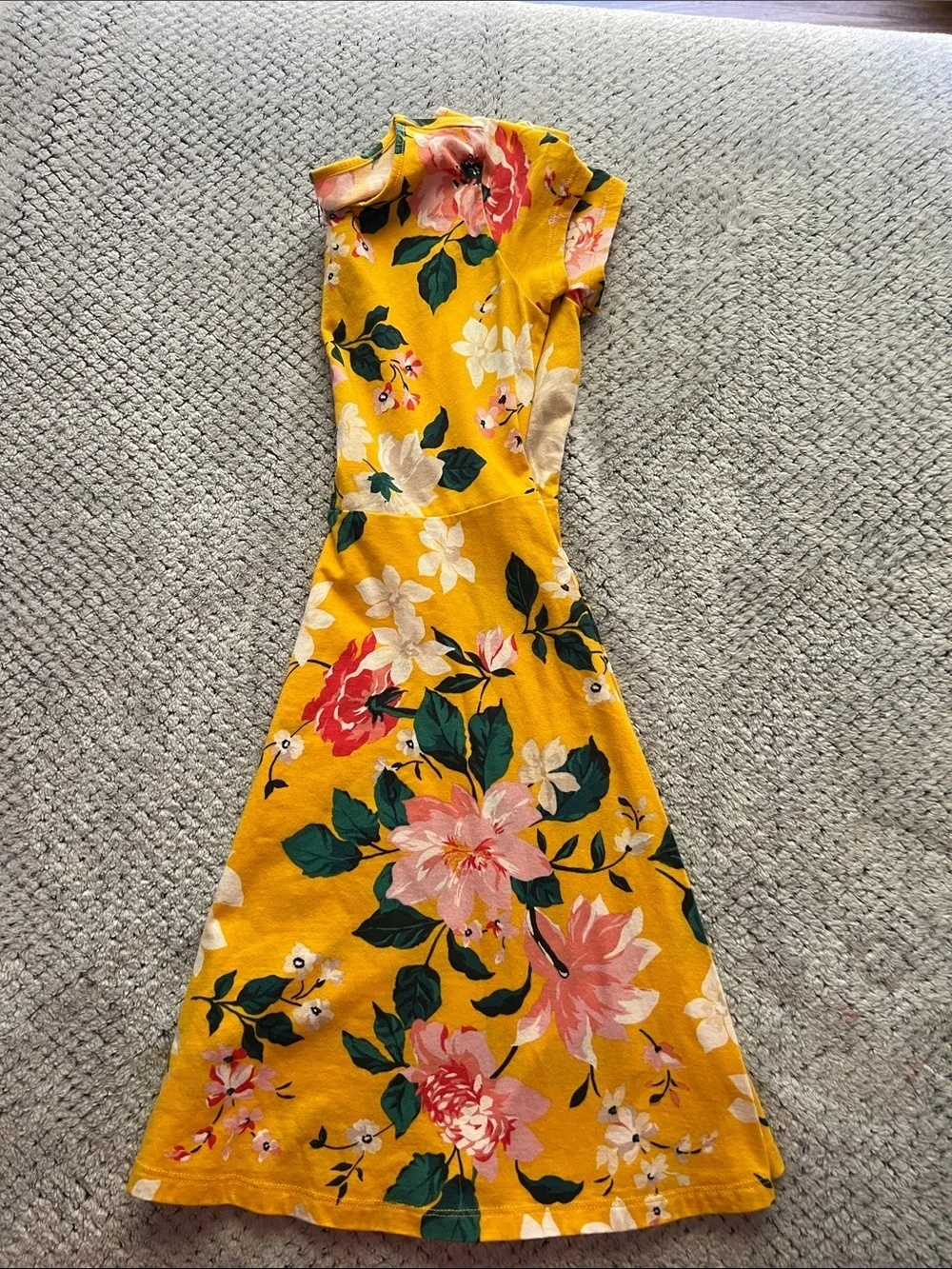Old Navy Yellow Floral Fit-and-Flare Dress with Pink & Green Accents